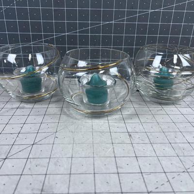 3 Glass Abstract Design with Gold Wire Trim Candle Holders With Votives 