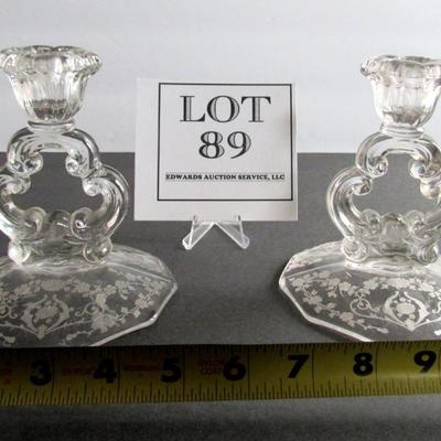 Vintage Cambridge Diane Pattern Keyhole Candlesticks Pair