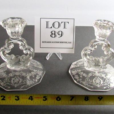 Vintage Cambridge Diane Pattern Keyhole Candlesticks Pair