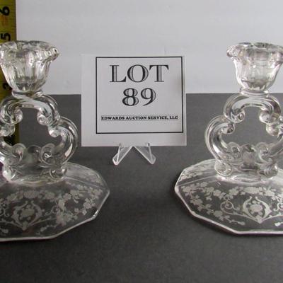 Vintage Cambridge Diane Pattern Keyhole Candlesticks Pair