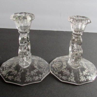 Vintage Cambridge Diane Pattern Keyhole Candlesticks Pair