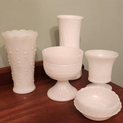 Misc milk glass vases and bowl