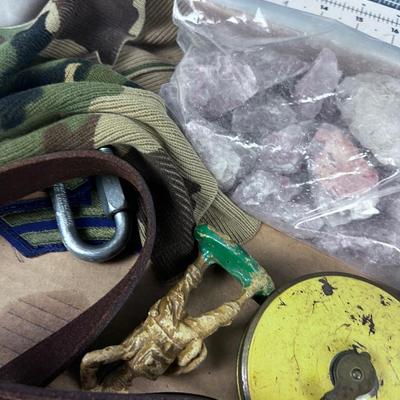 Mixed Lot Tray, Toys, Tools, Rocks 