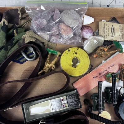 Mixed Lot Tray, Toys, Tools, Rocks 