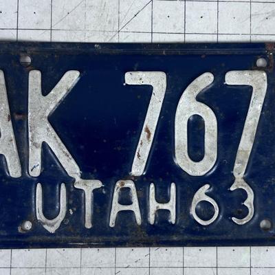 1963 Utah Blue License Plate Single 