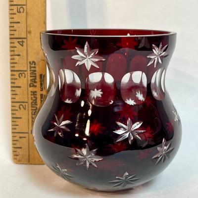 Vintage Bohemian Crystal Candleholder or Vase Ruby Red Cut to Clear