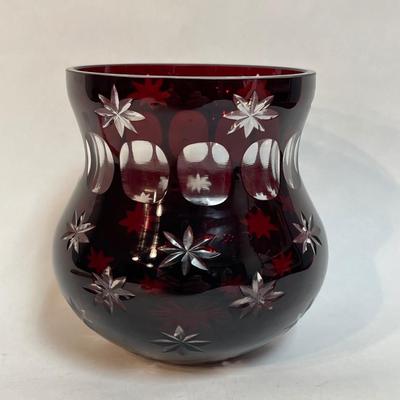 Vintage Bohemian Crystal Candleholder or Vase Ruby Red Cut to Clear