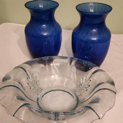 2 blue glass vases and 1 bowl