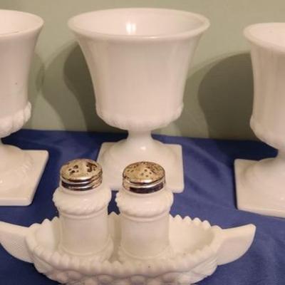 Milk glass salt and pepper shaker and vase