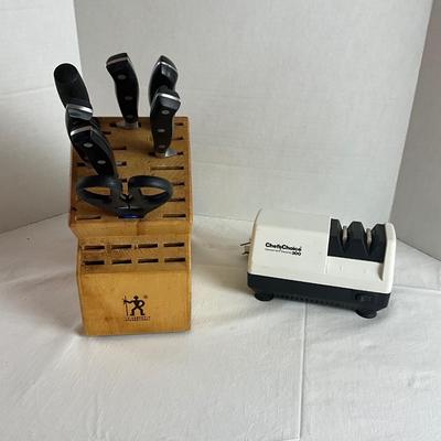 H579 J.A. Henckels Knives,Wooden Knife Block & Sharpener