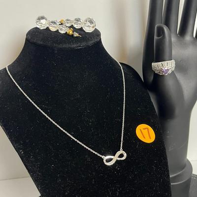 Silver Infinity Pendant Necklace, Earrings, and Ring (17)