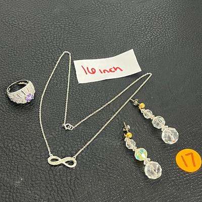 Silver Infinity Pendant Necklace, Earrings, and Ring (17)