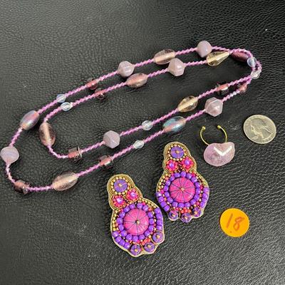 Pink Beaded Necklace, Ring, and Clip-on Earrings (18)