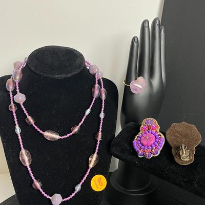 Pink Beaded Necklace, Ring, and Clip-on Earrings (18)