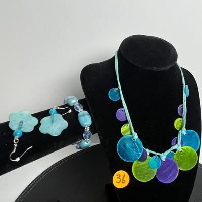 Circle Beaded Statement Necklace, Blue Bracelet, and Earrings (36)