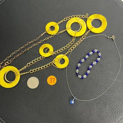 Yellow Statement Necklace, Blue Pendant Necklace, and Bracelet (37)