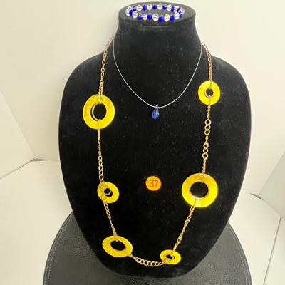 Yellow Statement Necklace, Blue Pendant Necklace, and Bracelet (37)