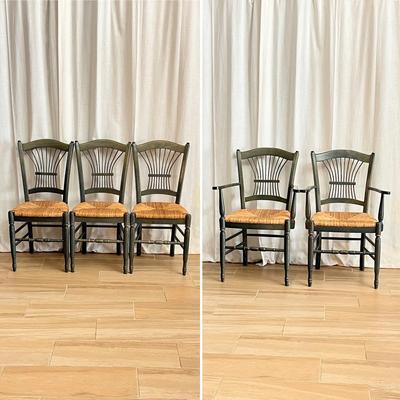 Solid Wood Green Stained ~ Rush Seated Dining Chairs ~ Set Of Five (5)