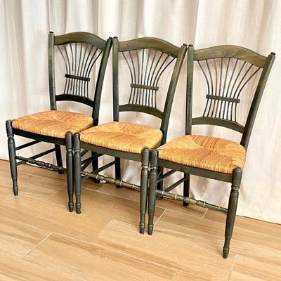 Solid Wood Green Stained ~ Rush Seated Dining Chairs ~ Set Of Five (5)