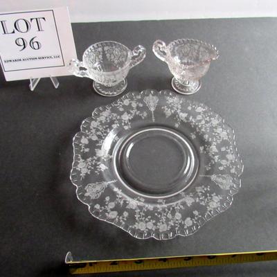 Vintage Cambridge Diane Individual Sugar and Creamer and Rosepoint Underplate