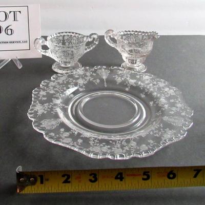 Vintage Cambridge Diane Individual Sugar and Creamer and Rosepoint Underplate