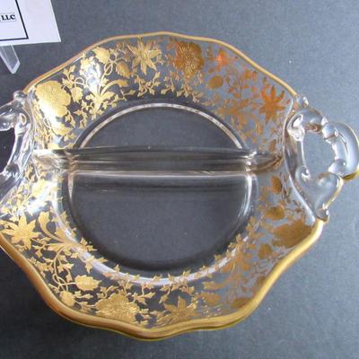 Vintage Cambridge Glass Wildflower Pattern Gold Encrusted Divided Bowl