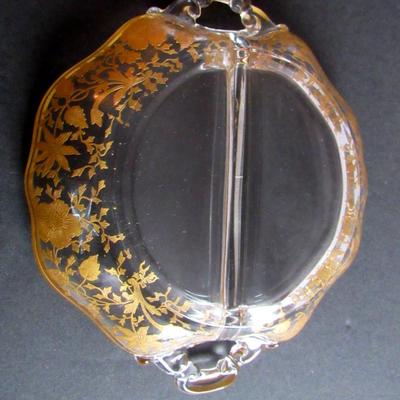 Vintage Cambridge Glass Wildflower Pattern Gold Encrusted Divided Bowl