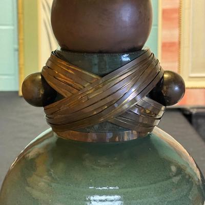 Large Green Ceramic and Brass Lamp