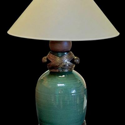Large Green Ceramic and Brass Lamp