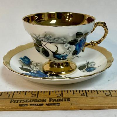 Vintage Rosina English Bone China Tea Cup Saucer Blue Roses Gold Trim Read