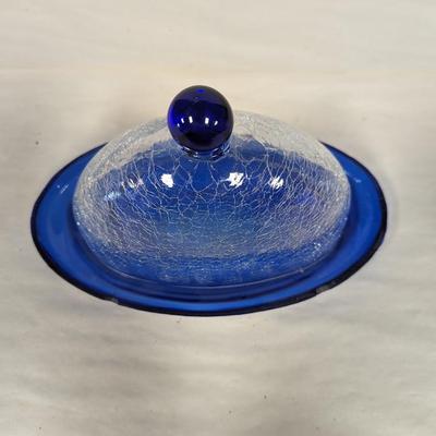 Cobalt Blue Crackle Glass Butter Dish