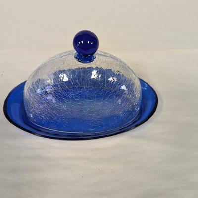 Cobalt Blue Crackle Glass Butter Dish