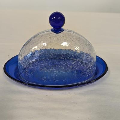 Cobalt Blue Crackle Glass Butter Dish
