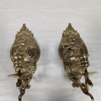 Vintage Pair of Fritz Brass Mother Mary With Baby Candlestick Holder Wall Sconces