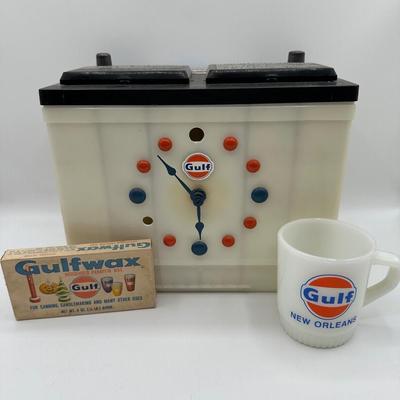 Gulf Oil Battery Clock, Mug & Wax