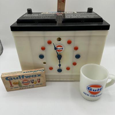 Gulf Oil Battery Clock, Mug & Wax