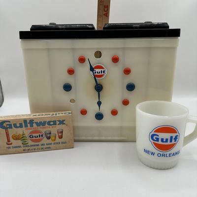 Gulf Oil Battery Clock, Mug & Wax