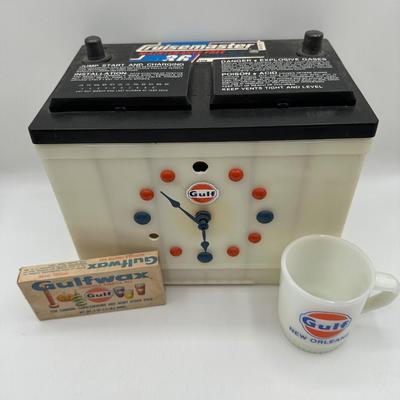 Gulf Oil Battery Clock, Mug & Wax