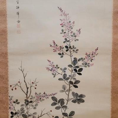 1940s or 50s Japanese Silk Scroll with Handpainted Scene