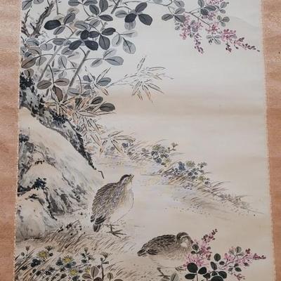 1940s or 50s Japanese Silk Scroll with Handpainted Scene