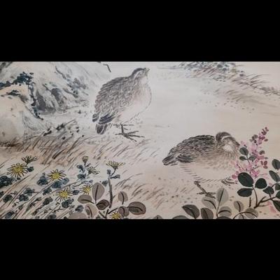 1940s or 50s Japanese Silk Scroll with Handpainted Scene