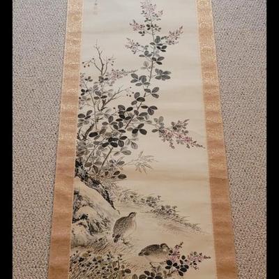 1940s or 50s Japanese Silk Scroll with Handpainted Scene
