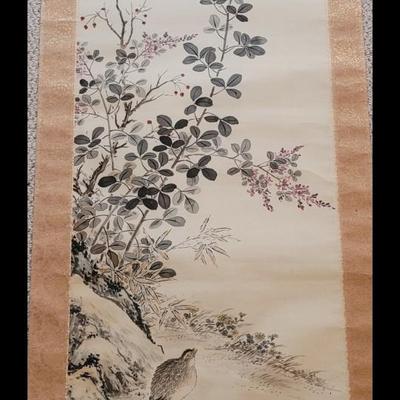 1940s or 50s Japanese Silk Scroll with Handpainted Scene