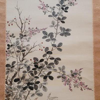1940s or 50s Japanese Silk Scroll with Handpainted Scene