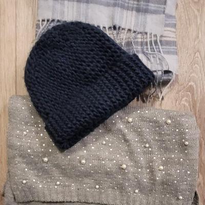 Blue Knit Hat, Blue & Gray Plaid Wool Scarf, & Gray Sweater Scarf with Pearls and Crystals