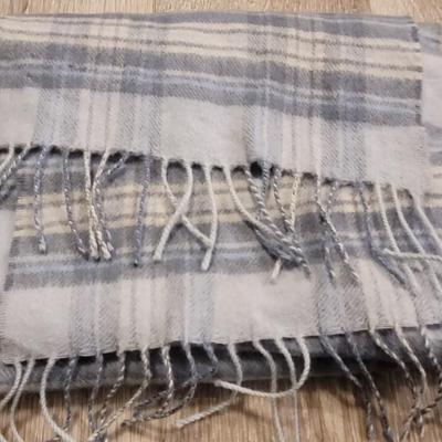 Blue Knit Hat, Blue & Gray Plaid Wool Scarf, & Gray Sweater Scarf with Pearls and Crystals