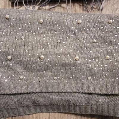 Blue Knit Hat, Blue & Gray Plaid Wool Scarf, & Gray Sweater Scarf with Pearls and Crystals