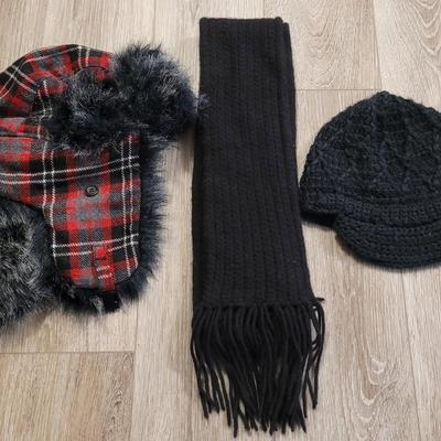 Black Knit Hat, Red Plaid Winter Hat, and Black Knit Scarf
