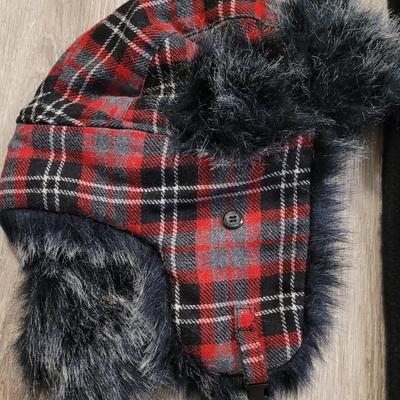 Black Knit Hat, Red Plaid Winter Hat, and Black Knit Scarf
