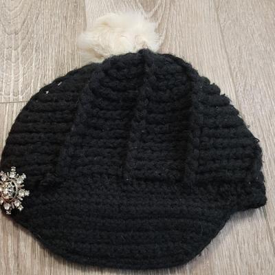 Black Knit Hat with Real Fur Ball, Colorado Coral Knit Hat, and Black & Gray Scarf